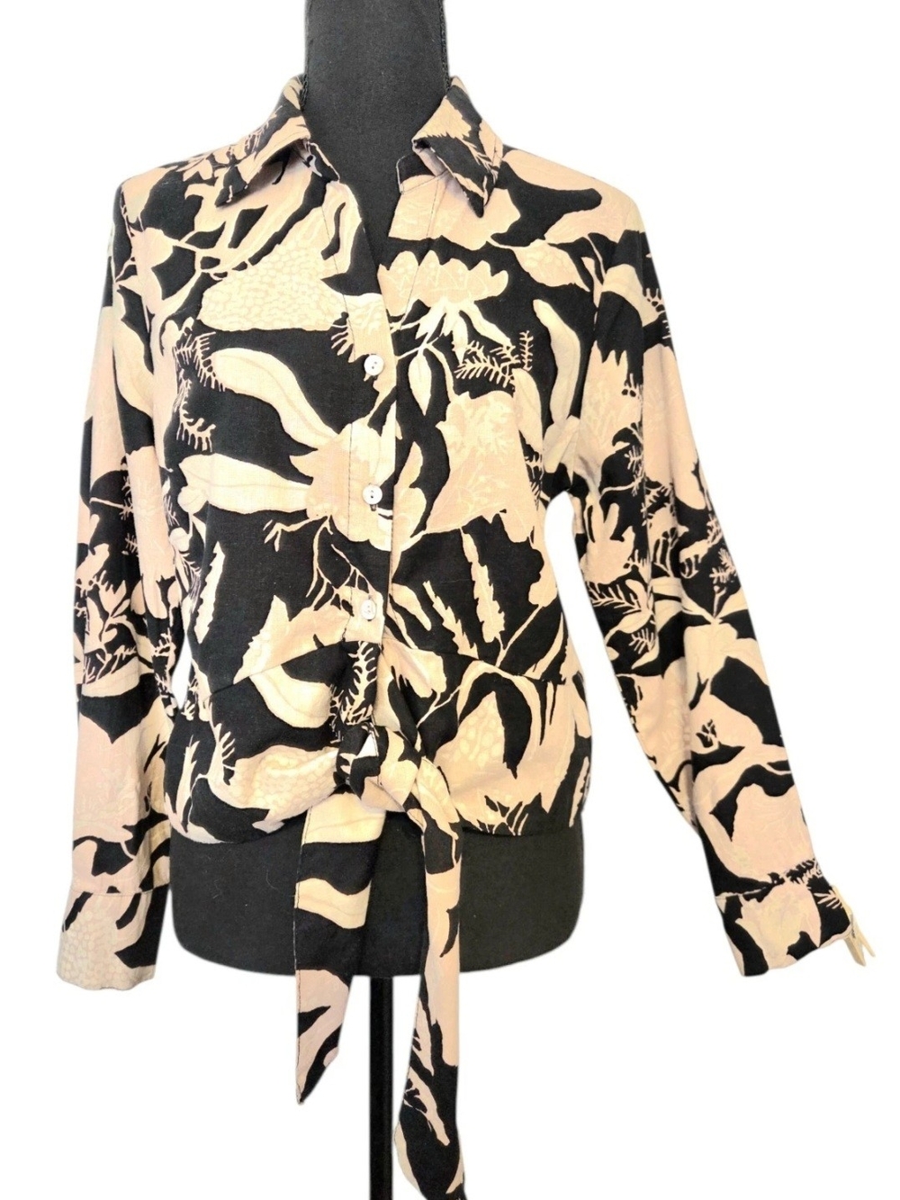 Panama Jack Black & Beige Floral Tie-Front L/S Button Up Shirt Linen Blend Sz L